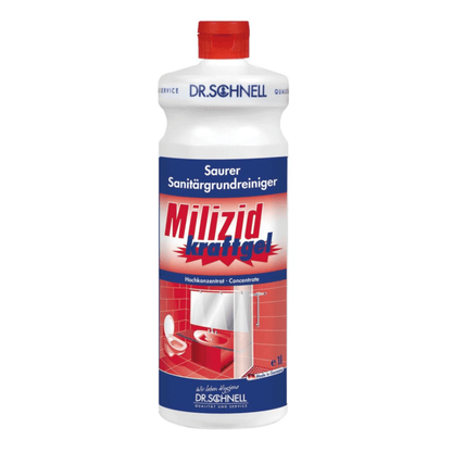 A white 1-liter bottle Dr. Schnell MILIZID power gel sanitary cleaner (DR.SCHNELL GmbH & Co. KGaA) with a red cap; the label shows bathroom fixtures and indicates that it is a highly acidic cleaner for thorough sanitary cleaning.