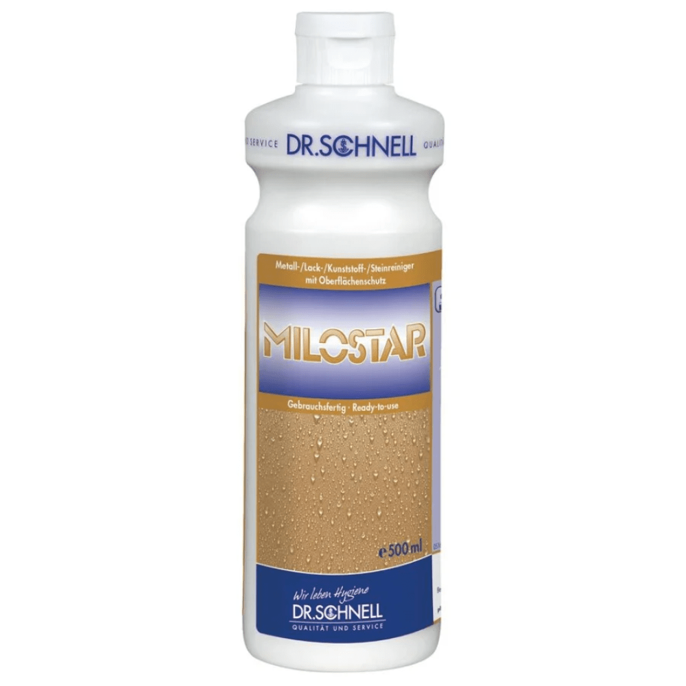 White 500-ml plastic bottle of Dr. Schnell MILOSTAR metal, paint, and plastic cleaner from DR.SCHNELL GmbH & Co. KGaA, with a blue and white German label with product information and branding.