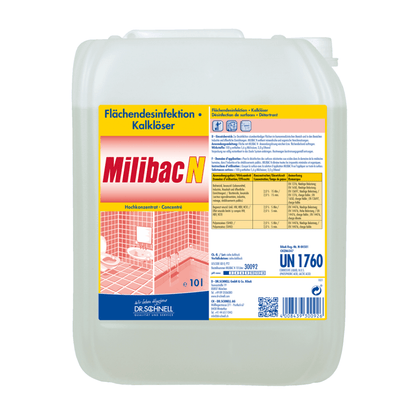 The Dr. Schnell Milibac N surface disinfectant and lime remover from DR.SCHNELL GmbH & Co. KGaA is available in a large white 10L container with a carrying handle for convenient handling. The red and yellow designed label provides detailed application instructions and safety information, making it ideal for effective surface disinfection.