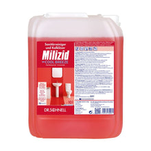 A red 10-liter container of Dr. Schnell Milizid Cool Breeze sanitary cleaner and lime remover from DR.SCHNELL GmbH & Co. KGaA, designed for deodorizing cleaning with sanitary cleaning and lime removing properties. The front label contains images of a toilet and tiles, as well as product details and German text.