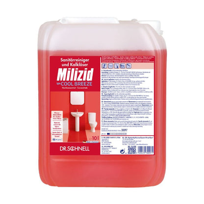 A red 10-liter container of Dr. Schnell Milizid Cool Breeze sanitary cleaner and lime remover from DR.SCHNELL GmbH & Co. KGaA, designed for deodorizing cleaning with sanitary cleaning and lime removing properties. The front label contains images of a toilet and tiles, as well as product details and German text.