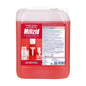A red 10-liter container of Dr. Schnell Milizid Cool Breeze sanitary cleaner and lime remover from DR.SCHNELL GmbH & Co. KGaA, designed for deodorizing cleaning with sanitary cleaning and lime removing properties. The front label contains images of a toilet and tiles, as well as product details and German text.