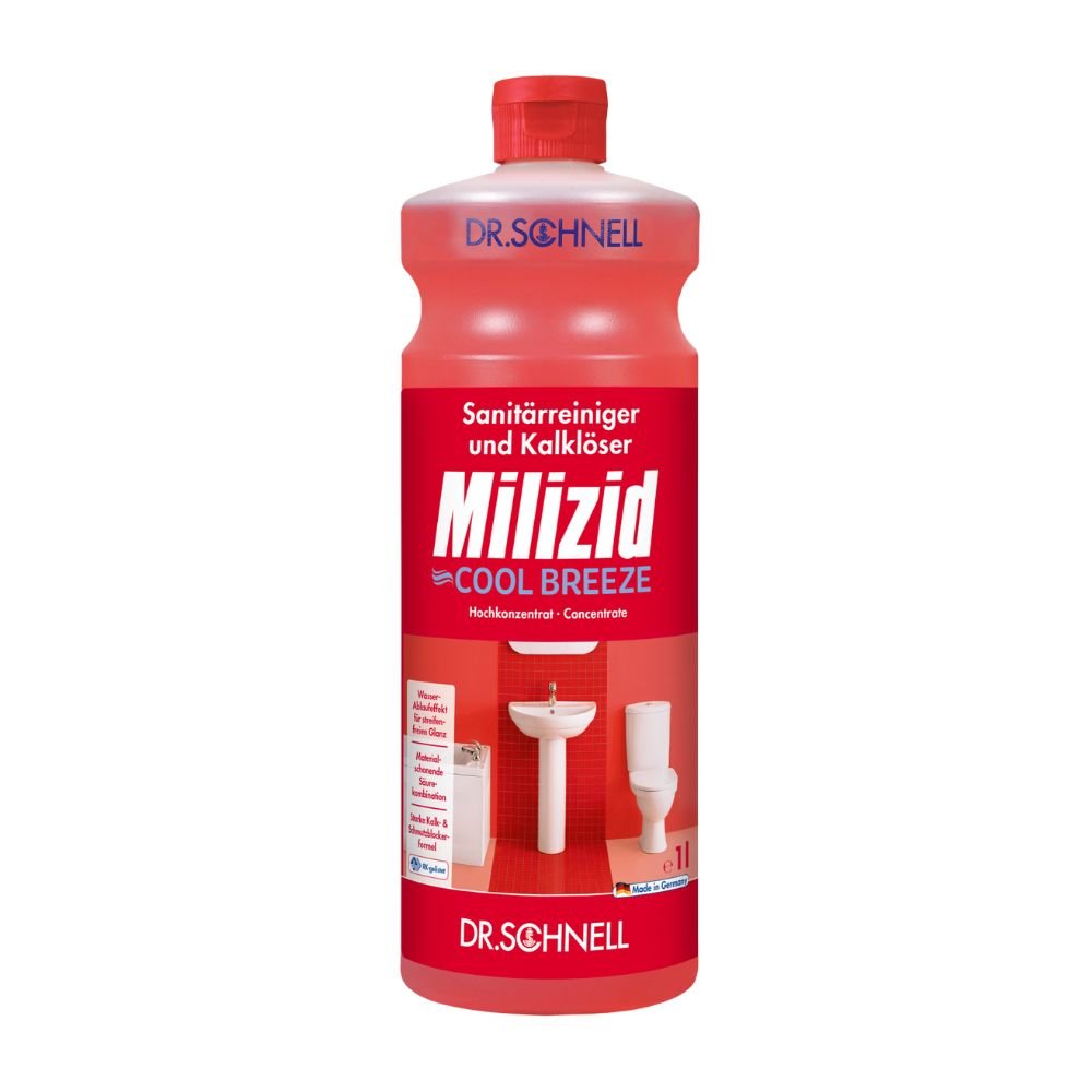 A bottle of Dr. Schnell Milizid Cool Breeze sanitary cleaner and lime remover, manufactured by DR.SCHNELL GmbH & Co. KGaA, bears a red label with images of a sink and a toilet. The German description highlights its effectiveness as a concentrated cleaner for deodorizing sanitary tasks.