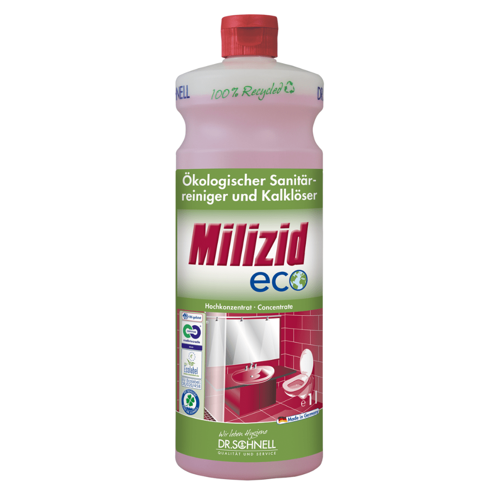 A bottle of „Dr. Schnell Milizid ECO sanitary cleaner and lime remover“ from the brand DR.SCHNELL GmbH & Co. KGaA proudly bears the environmental label. The label features images of sinks and toilets, emphasizing the high concentration. The pink bottle with a red cap has the inscription „100% recycled“ on the bottle neck.