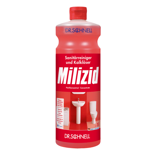 A red 1-liter bottle of Dr. Schnell Milizid sanitary cleaner and descaler from DR.SCHNELL GmbH & Co. KGaA is characterized by strong cleaning and descaling properties. The label shows images of a sink and a toilet, emphasizing the effective cleaning action.