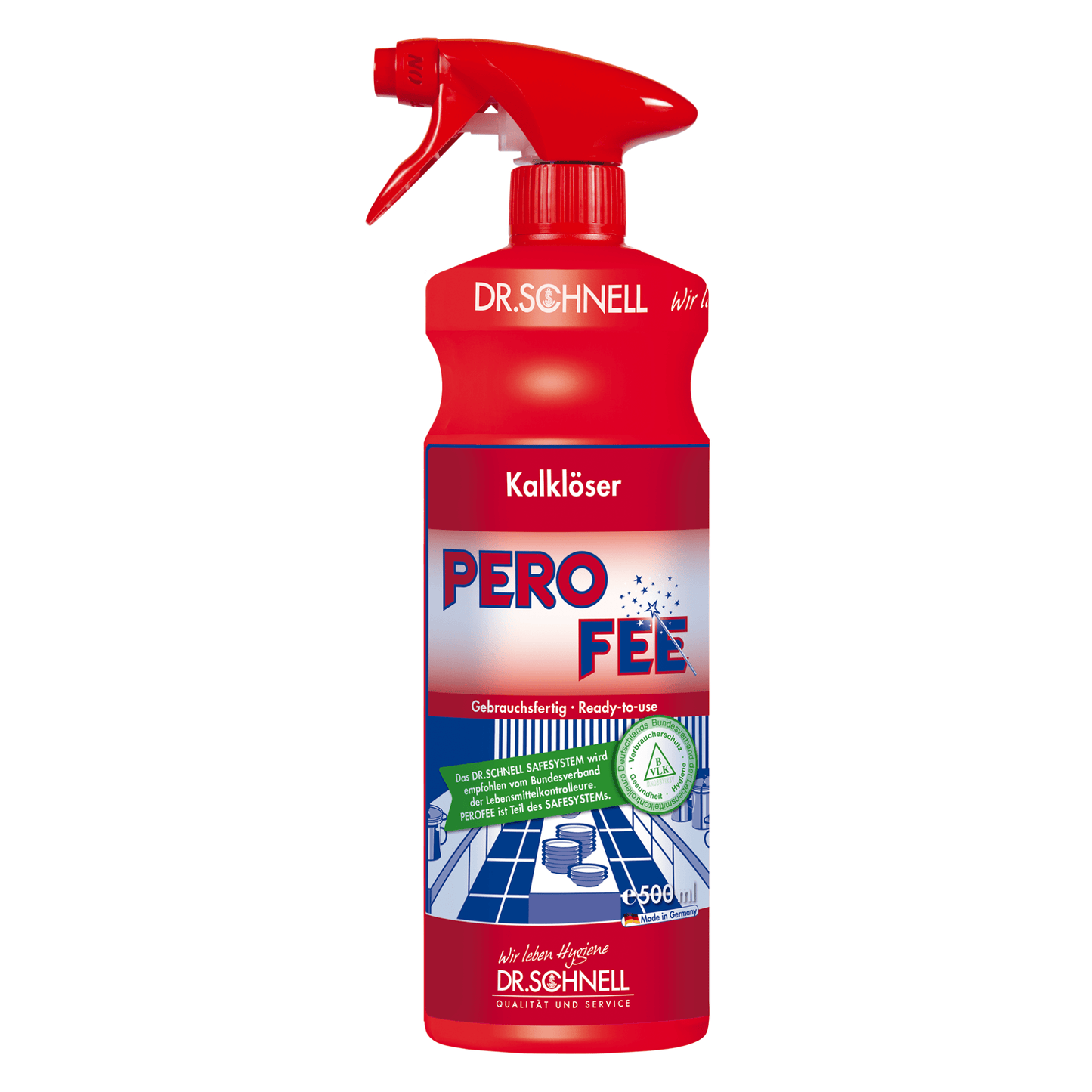A red spray bottle labeled "Dr. Schnell PeroFee Limescale Remover, ready-to-use" by DR.SCHNELL GmbH & Co. KGaA, ideal for the kitchen area, features symbols indicating that the product is ready-to-use and suitable for acid-resistant surfaces such as sinks and tiles. The bottle has a red nozzle for easy spraying.