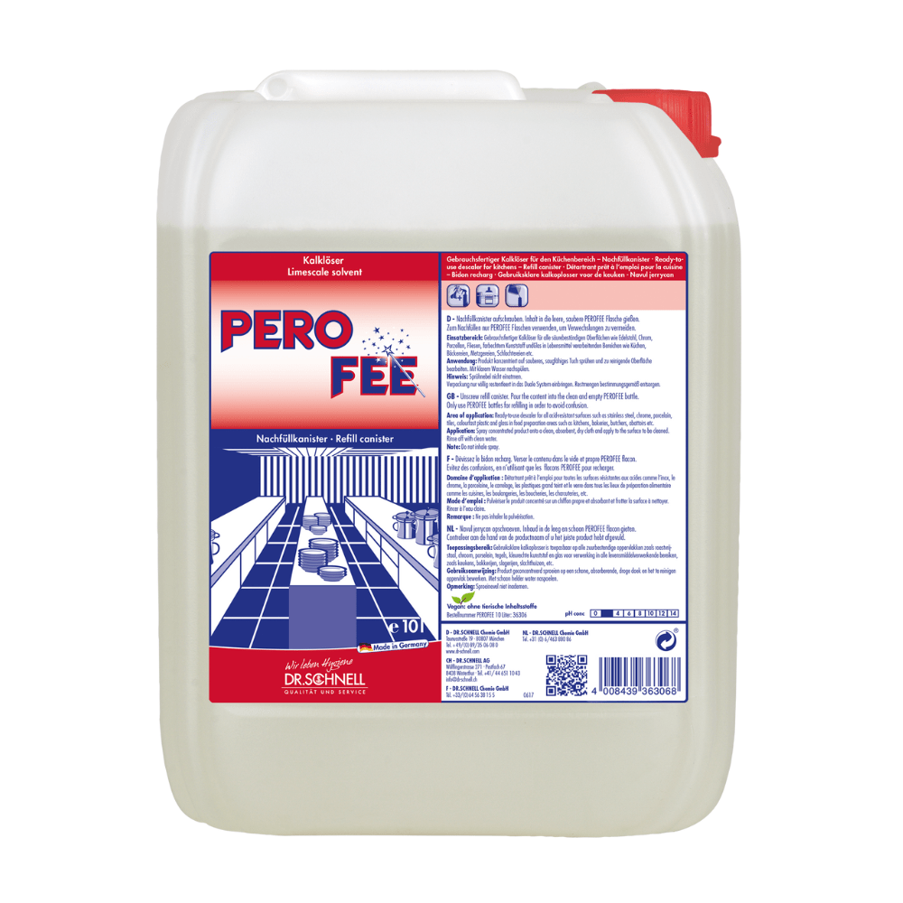 A large white plastic container with a red lid bears the label "Dr. Schnell PeroFee Limescale Remover, ready-to-use", is provided with German text and an image of a stylized bathroom with sinks and mirrors, making it ideal for acid-resistant surfaces. The 10-liter container manufactured by DR.SCHNELL GmbH & Co. KGaA is designed to hold cleaning solutions.