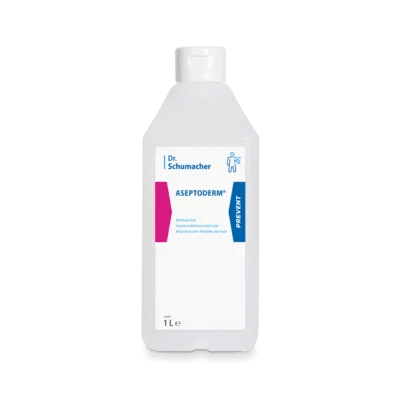 Pictured is a white 1-liter plastic bottle Dr. Schumacher ASEPTODERM from Dr. Schumacher GmbH with blue and pink accents, suitable for hygienic hand disinfection with a reliable disinfectant.