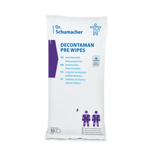 The image shows a pack of Dr. Schumacher Decontaman Pre Wipes cleaning cloths from Dr. Schumacher GmbH, ideal for antimicrobial cleaning. The white pack is marked with blue and violet text and offers product details in multiple languages, along with application illustrations and a note on 10 wipes containing 2% chlorhexidine.