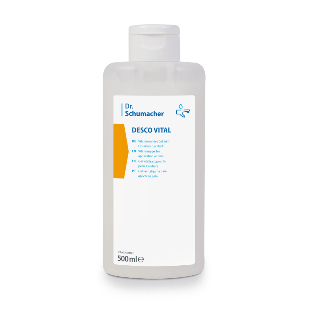 A white plastic bottle containing 500 ml of Desco Vital Hydro Gel from Dr. Schumacher GmbH. The multilingual label provides detailed information in German, English, French, and Spanish about the product's intended use, making it ideal for sports massage.