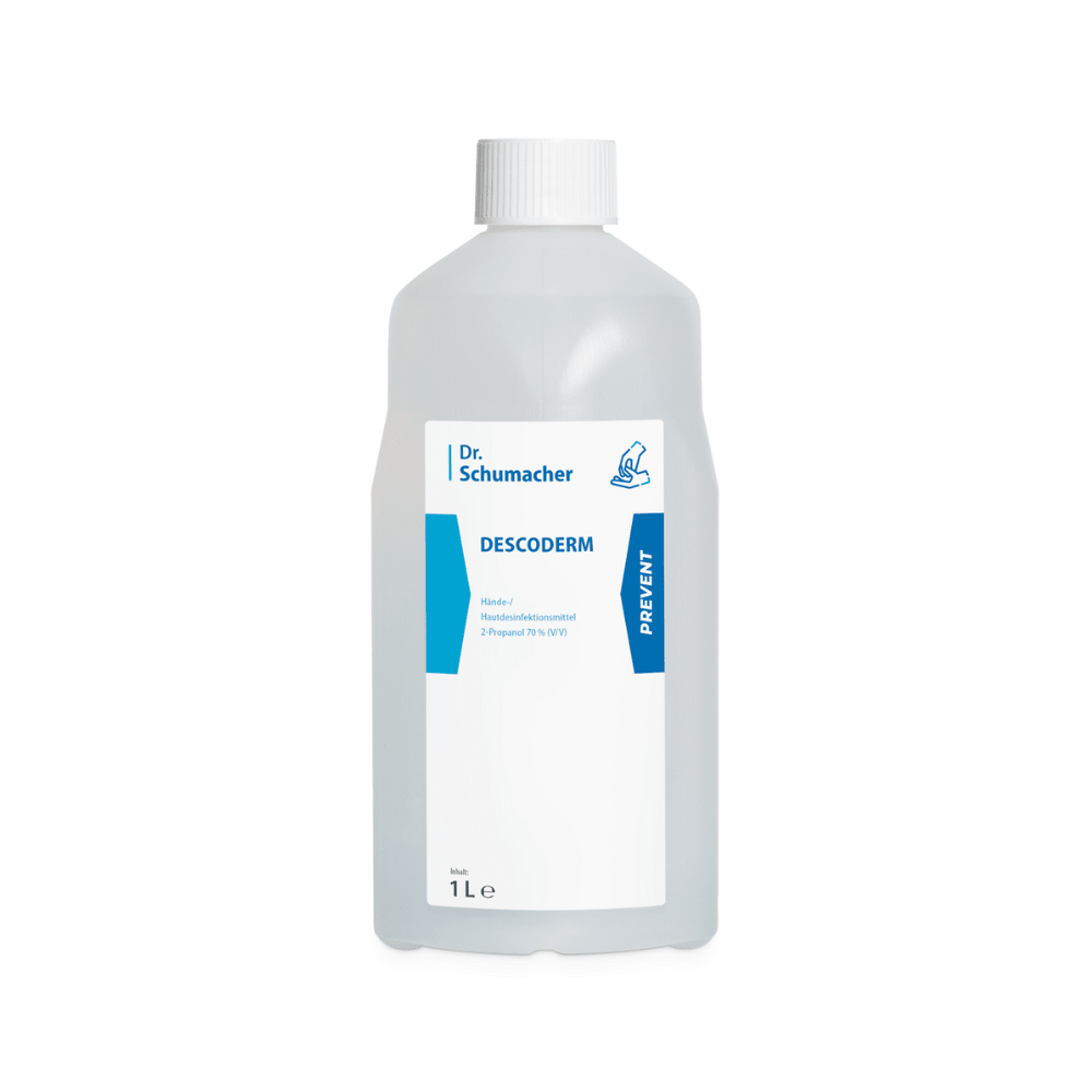 A 1-liter bottle of Descoderm skin disinfection from Dr. Schumacher GmbH for skin disinfection. The label on the front is white with blue accents and includes the product name, application instructions, and prevention notes. This fragrance-free disinfectant has a white screw cap.
