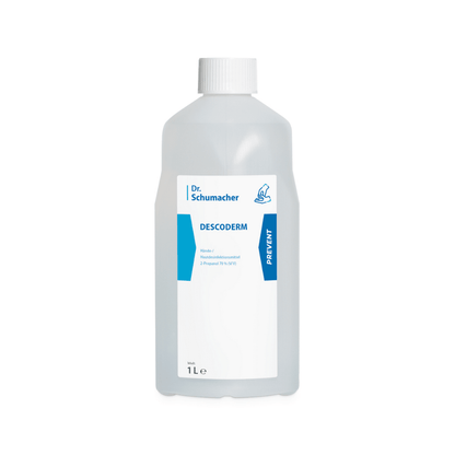 A 1-liter bottle of Descoderm skin disinfection from Dr. Schumacher GmbH for skin disinfection. The label on the front is white with blue accents and includes the product name, application instructions, and prevention notes. This fragrance-free disinfectant has a white screw cap.
