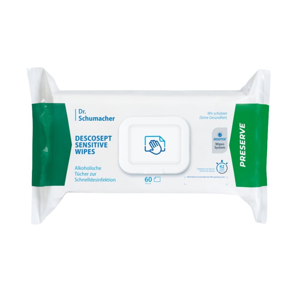 A pack of Dr. Schumacher Descosept Sensitive Wipes disinfectant wipes from Dr. Schumacher GmbH for quick disinfection. The label indicates that these are alcohol-based wipes, ideal for medium-sized surfaces. The package is predominantly white with green accents and contains 60 wipes.