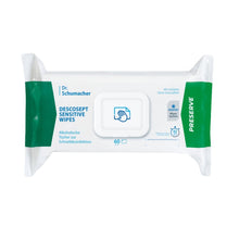 A pack of Dr. Schumacher Descosept Sensitive Wipes disinfectant wipes from Dr. Schumacher GmbH for quick disinfection. The label indicates that these are alcohol-based wipes, ideal for medium-sized surfaces. The package is predominantly white with green accents and contains 60 wipes.