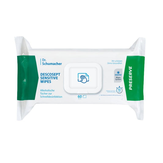 A pack of Dr. Schumacher Descosept Sensitive Wipes Disinfection Wipes from Dr. Schumacher GmbH for quick disinfection. The label indicates that these are alcohol-based wipes, ideal for medium-sized surfaces. The pack is predominantly white with green accents and contains 60 wipes.