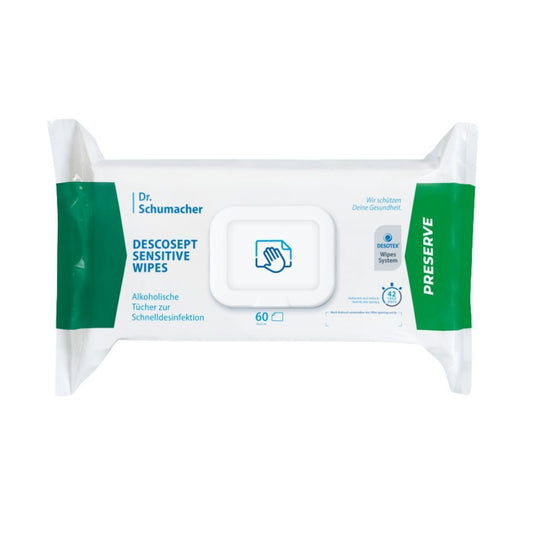 A pack of Dr. Schumacher Descosept Sensitive Wipes disinfectant wipes from Dr. Schumacher GmbH for quick disinfection. The label indicates that these are alcohol-based wipes, ideal for medium-sized surfaces. The package is predominantly white with green accents and contains 60 wipes.