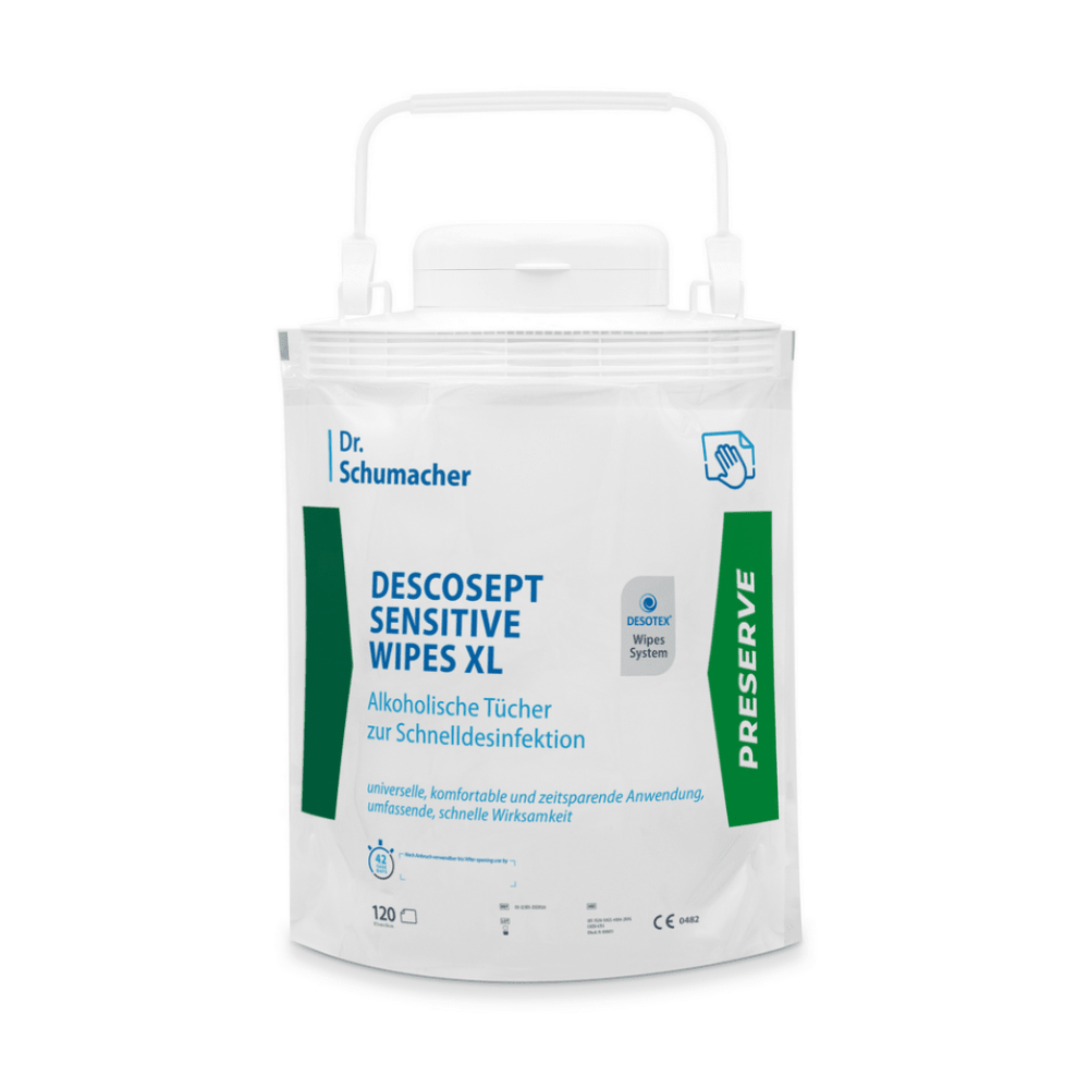 A white resealable package of Dr. Schumacher Descosept Sensitive Wipes XL - disposable wipe dispenser by Dr. Schumacher GmbH with green-blue branding. The package contains 120 disinfectant wipes for quick disinfection in patient-near areas and features a carrying handle on top for easy transport.