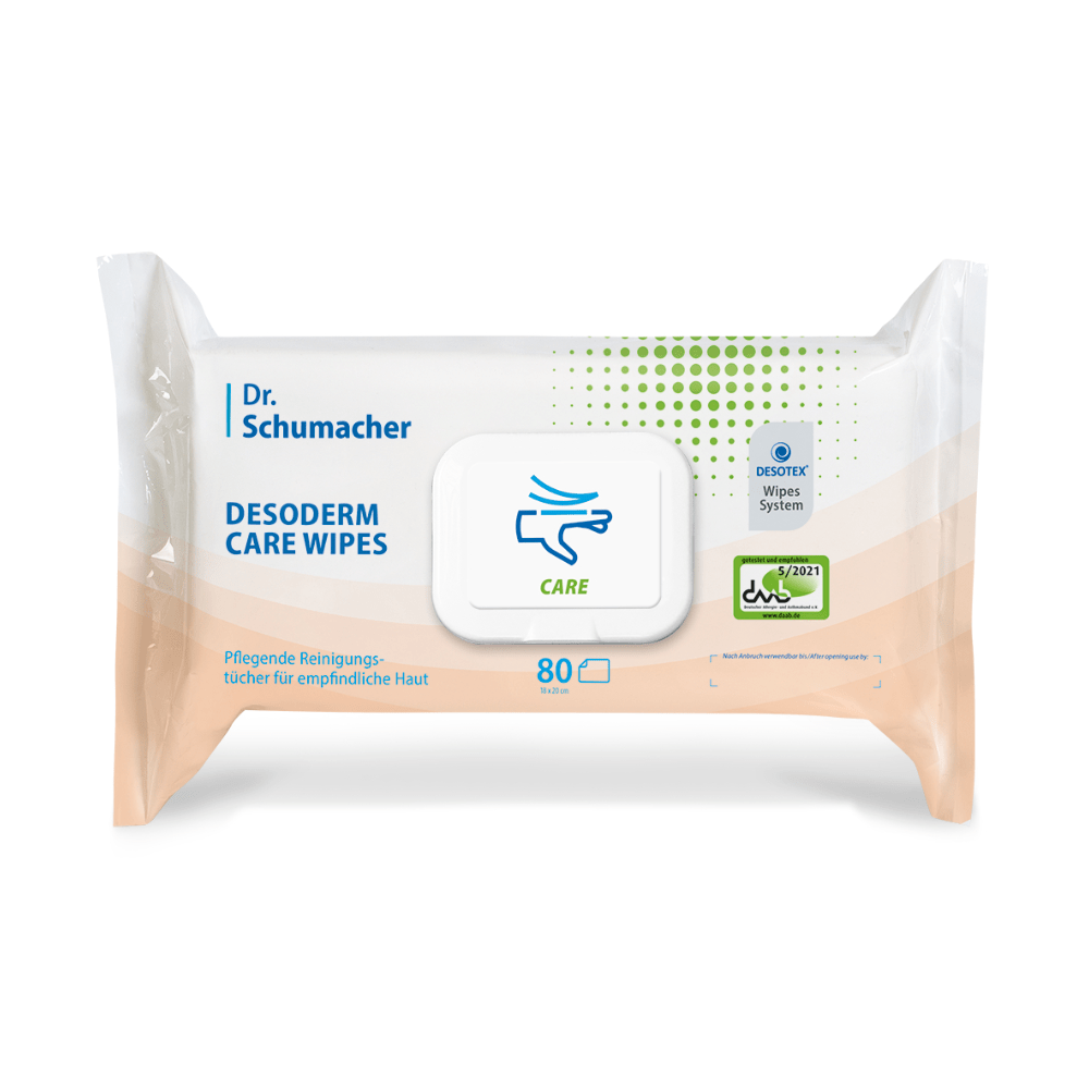 Pictured is a pack of Dr. Schumacher Desoderm Care Wipes moist wipes from Dr. Schumacher GmbH. The white pack contains 80 caring moist wipes and features a green care symbol, the brand name, and a blue-green color scheme. The pack has a resealable lid.