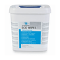 Image of a white can with the label “Dr. Schumacher Eco Wipes Fleece Cloth Dispenser, square | Dispenser (1 piece).” The can with a blue dispenser lid serves as a reusable dispenser for cloths. Text in several languages indicates that it is manufactured by Dr. Schumacher GmbH in Germany.