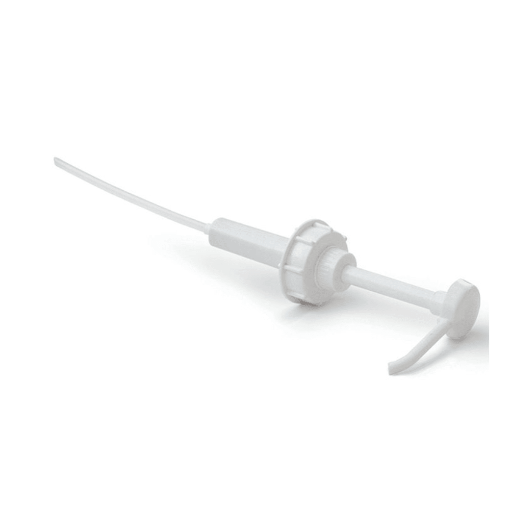 The canister dosing pump from Dr. Schumacher is a white plastic pump with a long nozzle and screw cap, specially designed for dispensing 30 ml of liquids from 2, 5, or 10-liter containers, making it ideal for disinfection products.