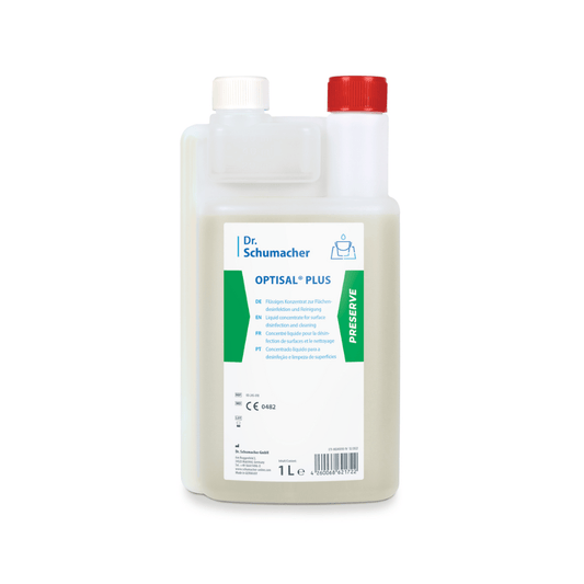 A 1-liter bottle of Dr. Schumacher Optisal® Plus disinfectant cleaner from Dr. Schumacher GmbH, a hand disinfectant. The bottle has a white body with a red-white cap and a green label, on which instructions for use, various certifications, and suitability for use with medical products are indicated.