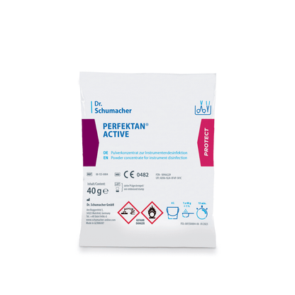 This is an image of a white packet labeled "Dr. Schumacher Perfektan® Active Instrument Disinfection" from Dr. Schumacher GmbH. The packaging indicates that it is a peracetic acid powder concentrate for instrument disinfection. It contains 40 grams and is marked with hazard symbols, application instructions, and inspection marks.