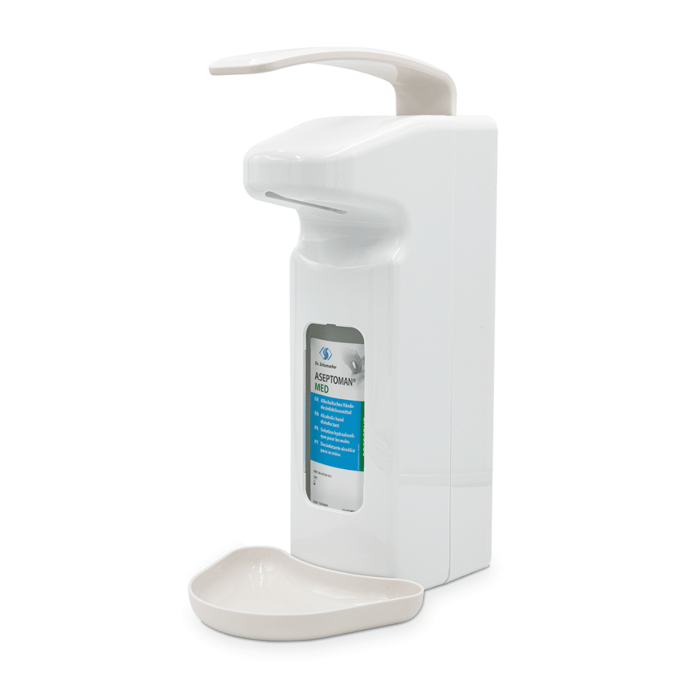 The Dr. Schumacher wall dispenser SPE 500 from Dr. Schumacher GmbH is a white automatic disinfectant dispenser with a gray drip tray at the bottom. This device contains a visible 500 ml bottle of hand disinfectant labeled "ASEPTOMAN MED" and features a curved sensor at the top for hands-free operation.