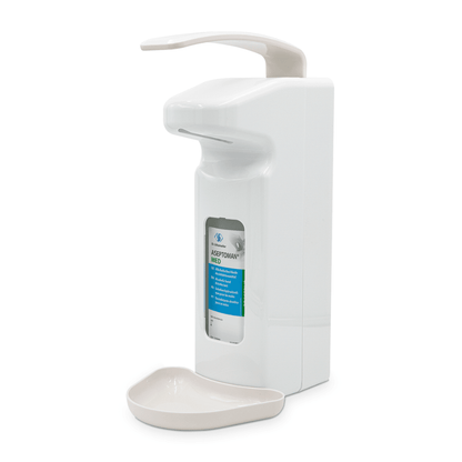 The Dr. Schumacher wall dispenser SPE 500 from Dr. Schumacher GmbH is a white automatic disinfectant dispenser with a gray drip tray at the bottom. This device contains a visible 500 ml bottle of hand disinfectant labeled "ASEPTOMAN MED" and features a curved sensor at the top for hands-free operation.