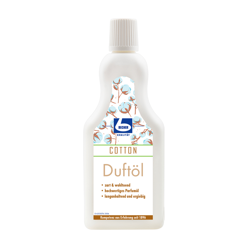 A bottle of fabric softener Dr. Becher fragrance oil with labels in blue and green, highlighting features such as "wool safe" and "long-lasting perfume." The packaging is white.