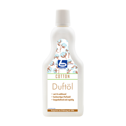 A bottle of fabric softener Dr. Becher fragrance oil with labels in blue and green, highlighting features such as "wool safe" and "long-lasting perfume." The packaging is white.