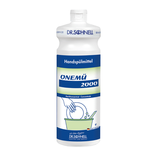 A white bottle Dr. Schnell ONEMÜ 2000 universal cleaner and hand dishwashing liquid by DR.SCHNELL GmbH & Co. KGaA has a German label that identifies it as a highly concentrated dishwashing liquid for hand washing and shows an environmentally friendly, biodegradable formula as well as an illustration for hand washing.