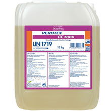 A 12 kg white plastic container with a handle labeled "Dr. Schnell PEROTEX CF 2000 Chlorine-Free Dish Cleaner" by DR.SCHNELL GmbH & Co. KGaA is characterized by strong lime-binding capacity and is equipped with product and safety information and a barcode on the front side.