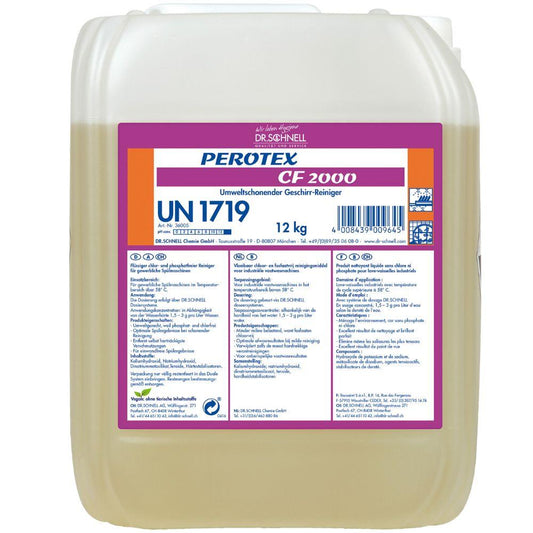 A 12 kg white plastic container with a handle labeled "Dr. Schnell PEROTEX CF 2000 Chlorine-Free Dish Cleaner" by DR.SCHNELL GmbH & Co. KGaA is characterized by strong lime-binding capacity and is equipped with product and safety information and a barcode on the front side.