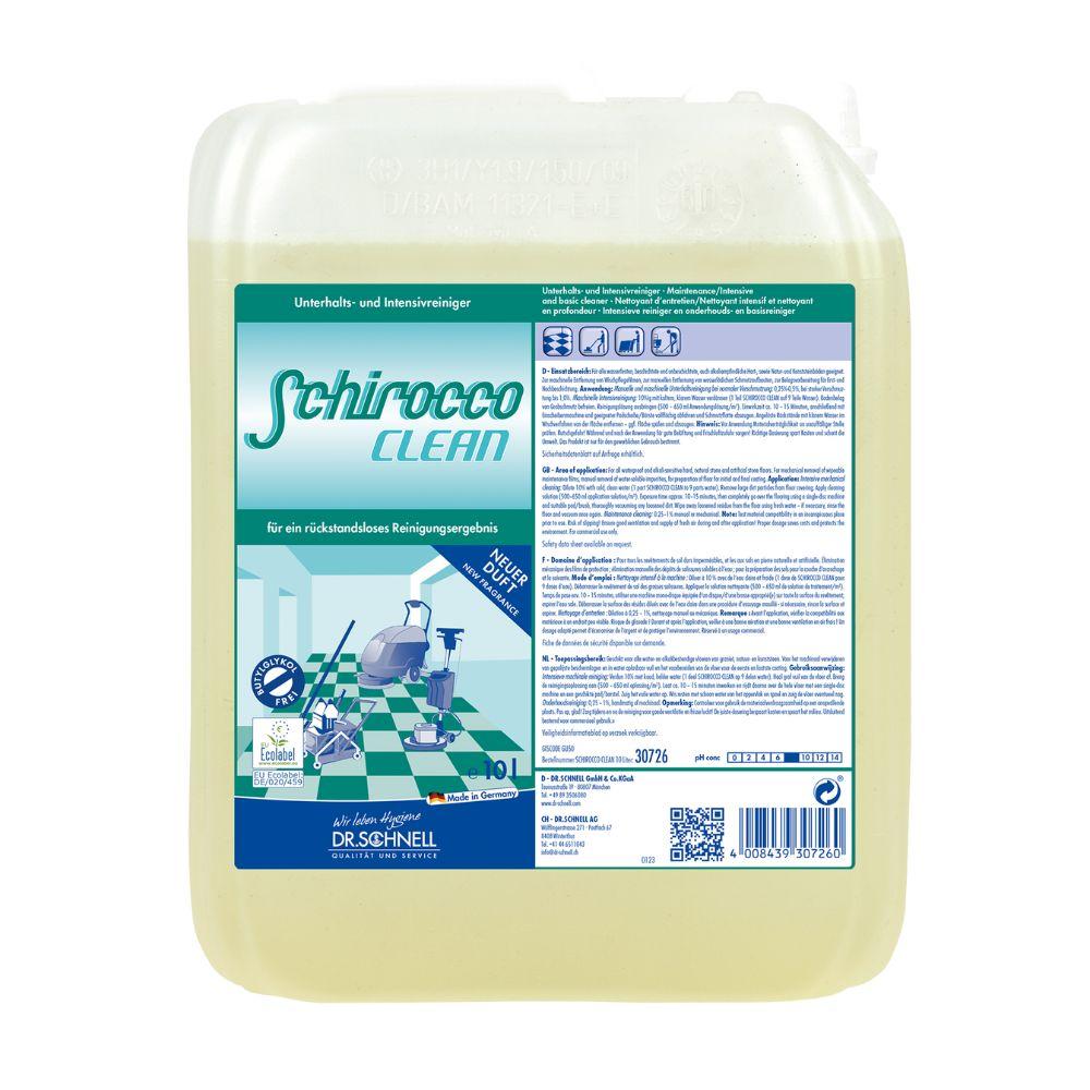 A 10L container Dr. Schnell SCHIROCCO CLEAN maintenance, intensive, and basic cleaner by DR.SCHNELL GmbH & Co. KGaA, with a blue-green German label and illustrated cleaning scene on tiled hard floor coverings.