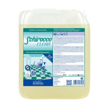 A 10L container Dr. Schnell SCHIROCCO CLEAN maintenance, intensive, and basic cleaner by DR.SCHNELL GmbH & Co. KGaA, with a blue-green German label and illustrated cleaning scene on tiled hard floor coverings.