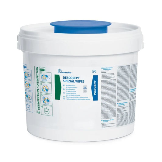 A white plastic container labeled "Dr. Schumacher DESCOSEPT SPEZIAL WIPES Disinfection Wipes" with blue and green text and graphics, categorized under medical products, offers instructions and safety information on the side. The lid is white with a blue top, ideal for storing these wipes from Dr. Schumacher GmbH.