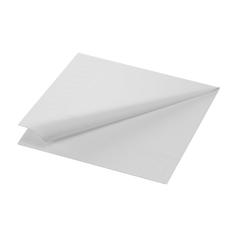 A white Duni tissue napkin (33x33 cm, 2-ply) from Duni GmbH is depicted on a plain background and features border structures and neat triangular folds. This eco-friendly napkin option exudes elegance and is delivered in packs of 300 pieces.