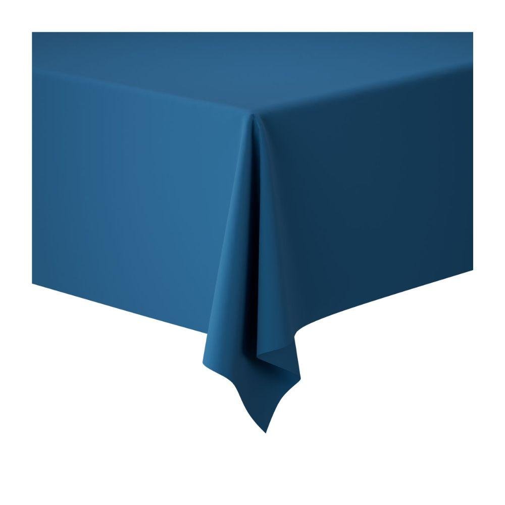 A rectangular table draped with a Duni Dunicel tablecloth roll 1.18 m x 10 m tablecloth from Duni GmbH in solid teal, displayed from a corner angle on a white background - ideal for weddings, banquets, and corporate events.