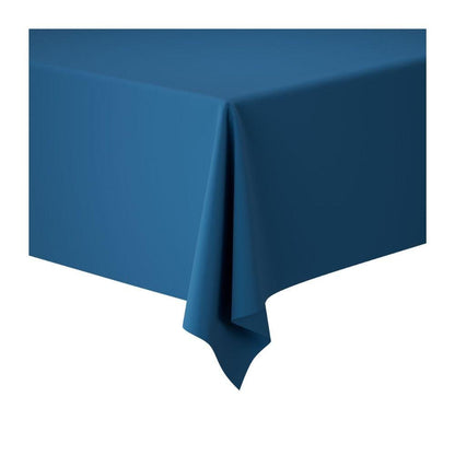 A rectangular table draped with a Duni Dunicel tablecloth roll 1.18 m x 10 m tablecloth from Duni GmbH in solid teal, displayed from a corner angle on a white background - ideal for weddings, banquets, and corporate events.