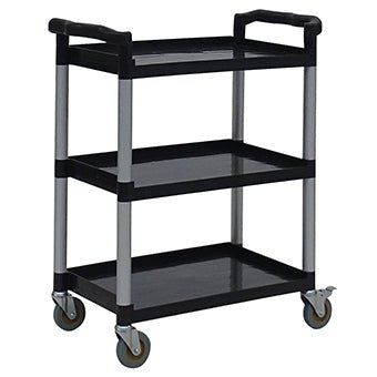 The Novocal utility cart features three black plastic shelves, an open design all around, and four swivel casters. Handles on both ends ensure easy maneuverability. Brand: Novocal. Package: 1 piece.
