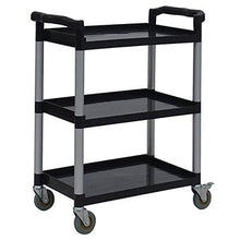The Novocal utility cart features three black plastic shelves, an open design all around, and four swivel casters. Handles on both ends ensure easy maneuverability. Brand: Novocal. Package: 1 piece.