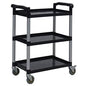 The Novocal utility cart features three black plastic shelves, an open design all around, and four swivel casters. Handles on both ends ensure easy maneuverability. Brand: Novocal. Package: 1 piece.