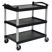 The Novocal multi-purpose trolley plastic features 3 open plastic shelves, a black frame, and four swivel wheels - ideal for transporting items. Brand: Novocal. Package: 1 piece.