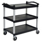 The Novocal multi-purpose trolley plastic features 3 open plastic shelves, a black frame, and four swivel wheels - ideal for transporting items. Brand: Novocal. Package: 1 piece.