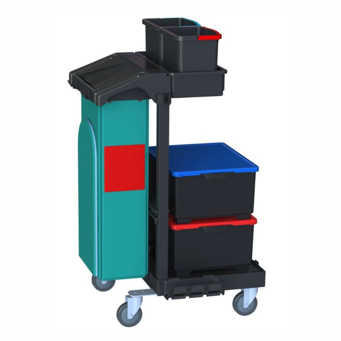 The Arcora Ecoblack 120 janitor cart from Arcora International GmbH features four wheels, a green side container, a black shelf, and two black containers with red and blue lids for organized cleaning. Size: 730 x 600 x 1140 mm.