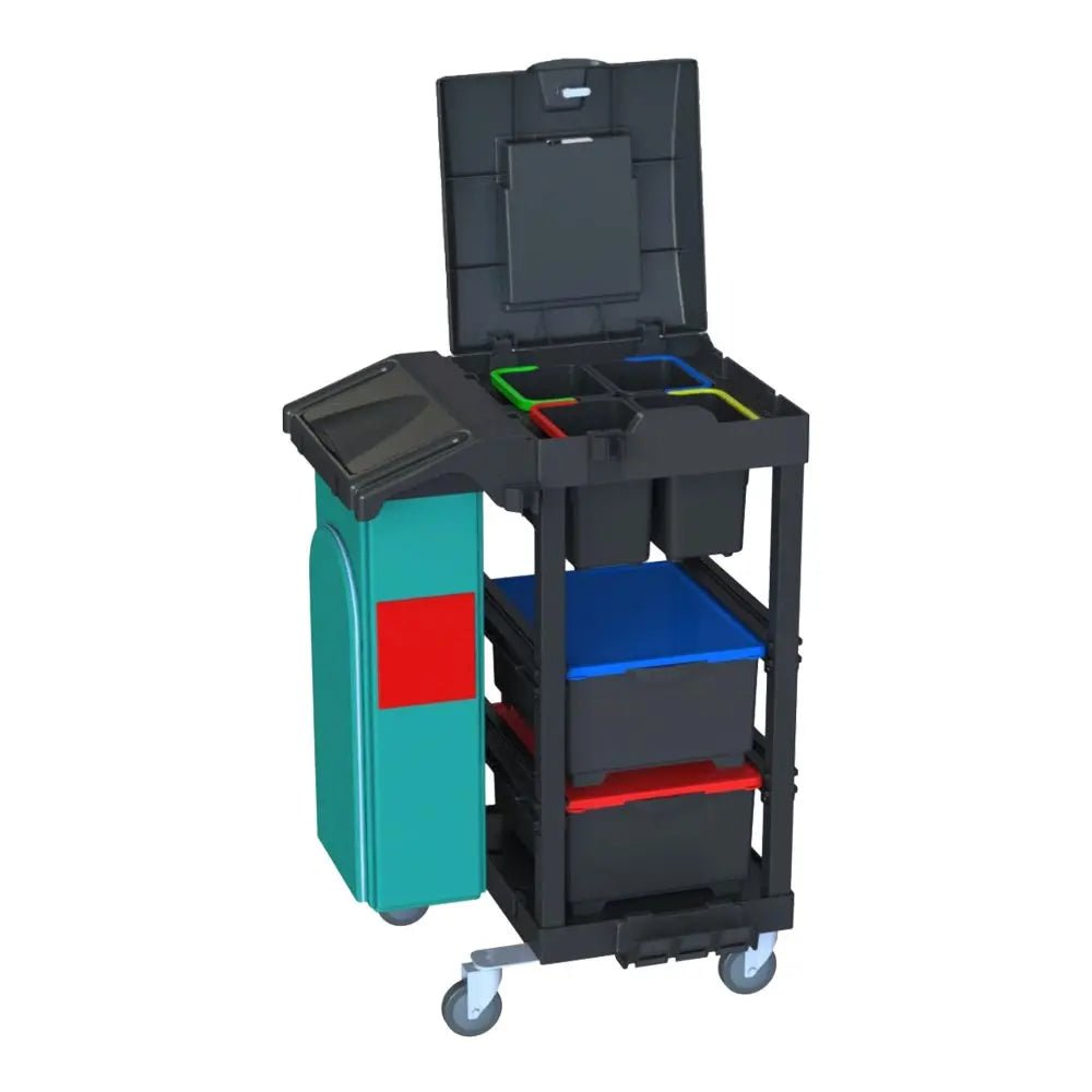The Arcora Ecoblack 140 from Arcora International GmbH is a black and blue-green trolley (740 x 600 x 1100 mm) with containers, trays, a side waste container, and an open, divided roof - perfect for cleaning agents or eco-friendly cardboard.
