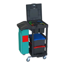 The Arcora Ecoblack 140 from Arcora International GmbH is a black and blue-green trolley (740 x 600 x 1100 mm) with containers, trays, a side waste container, and an open, divided roof - perfect for cleaning agents or eco-friendly cardboard.