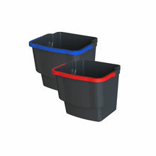 Two Arcora Ecoblack plastic buckets black 20 liters from Arcora International GmbH, one with a blue handle, the other with a red handle, are depicted side by side on a white background, showcasing their sleek design for organized storage.