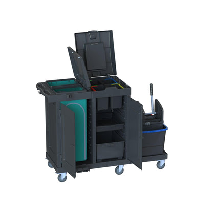The Arcora Ecoblack 750 cart (1410 x 680 x 1100 mm) from Arcora International GmbH offers open compartments, storage shelves, trays, and a mop bucket with a wringer - ideal for shipping packaging materials. Delivery is in a single package (carton 1 piece).