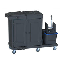 The Arcora Ecoblack 750 cleaning cart from Arcora International GmbH (1410 x 680 x 1100 mm, carton 1 piece) features two compartments, a mop bucket with a wringer, four swivel casters, and a handle - ideal for transporting shipping packaging materials.